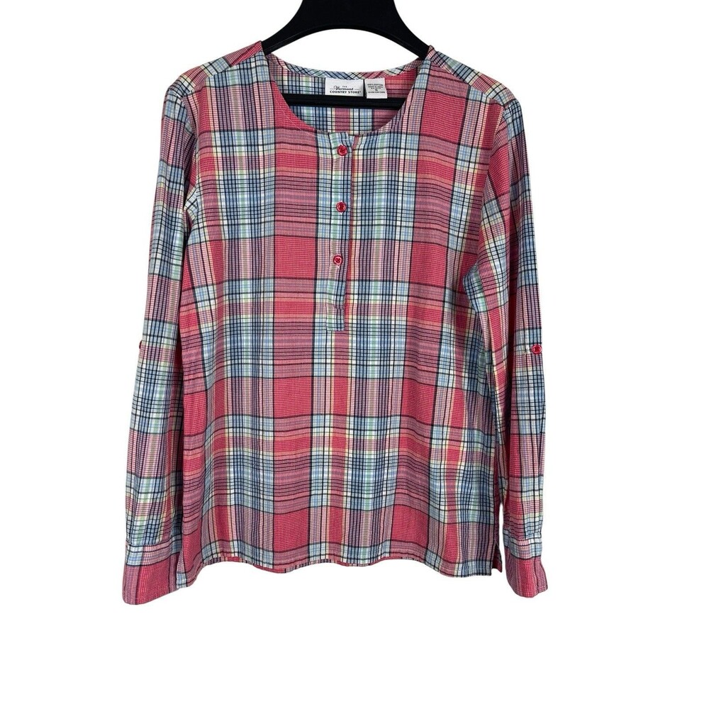 Vermont Country Store Red Blue Plaid Top S Roll Tab Sleeve Country Farmhouse